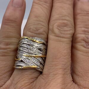 Ring, solid sterling 925, sz 6 and 7, pave gems, gold accents, cigar band